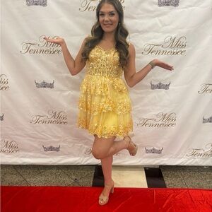 Gold Bridgerton style cocktail homecoming dress